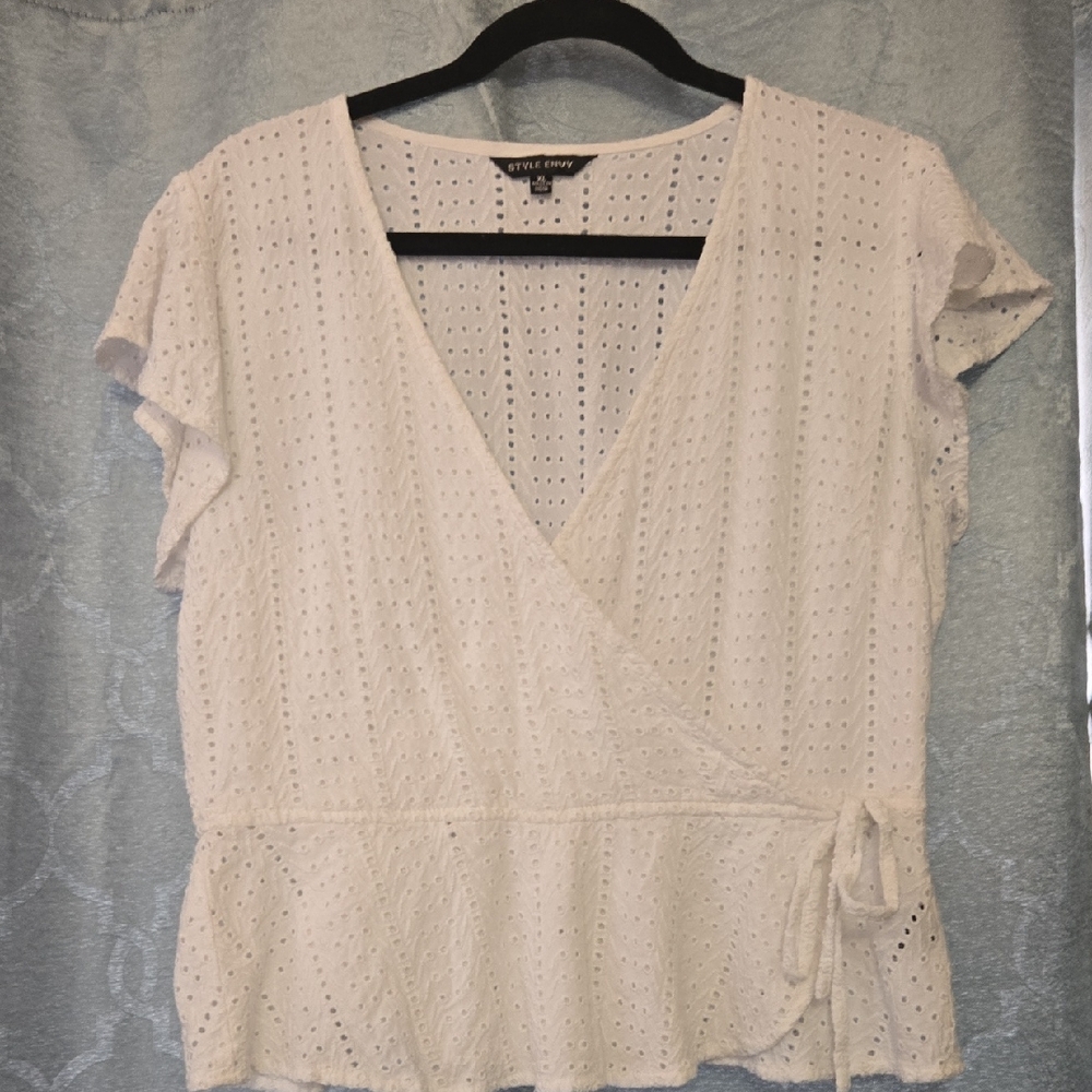 Style Envy White Flutter Sleeve Faux Wrap Blouse